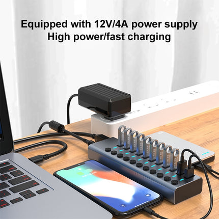 11 in 1 USB 3.0 HUB Splitter with Independent Switch & 12V 4A Power Supply