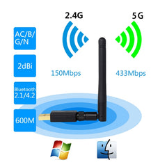 EDUP EP-AC1661 2 in 1 Bluetooth 4.2 + Dual Band 11AC 600Mbps High Speed Wireless USB Adapter WiFi Receiver, EP-AC1661 600Mbps