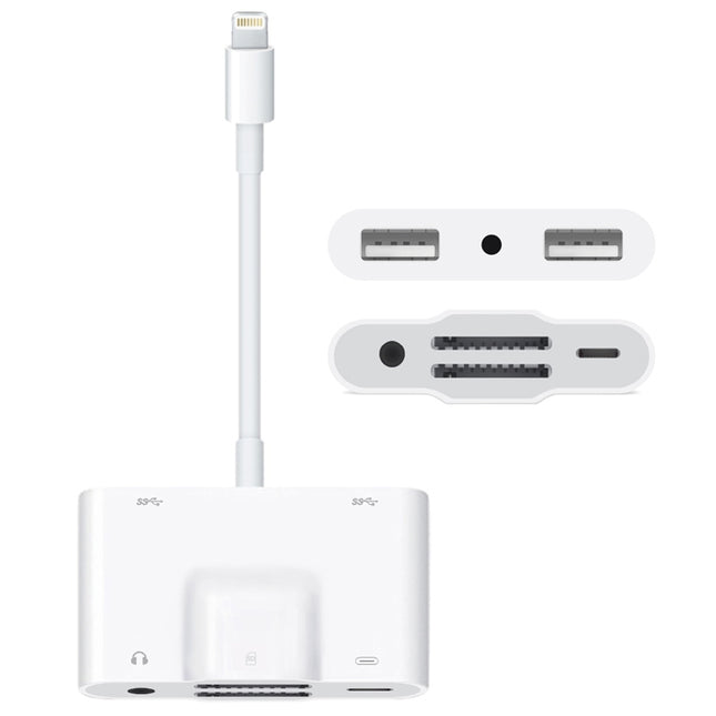 NK-1042 6 in 1 8 Pin Male to Dual USB + Dual SD Card + 3.5mm Audio Interface + 8 Pin Charging Interface Female Port Camera Adapter
