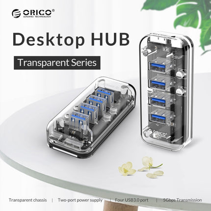 ORICO F4U - Concentrador de escritorio con 4 puertos USB 3.0, transmisión rápida de 5 Gbps y luz indicadora LED azul, 4 puertos