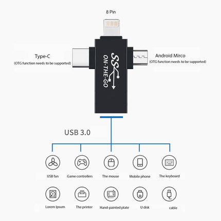 3 in 1 USB 3.0 to 8 Pin + Micro USB + USB-C / Type-C Interface Multifunctional OTG Adapter