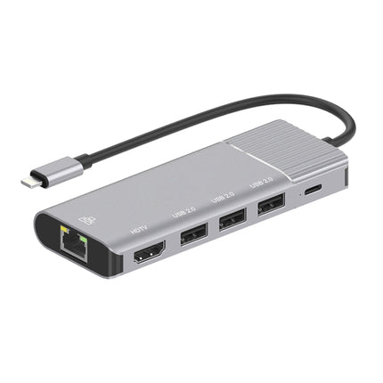 79591 6 in 1 8 Pin to RJ45 + HDMI + 8 Pin Charging + 3 USB 2.0 Ports Multifunctional HUB Converter Docking Station, 79591