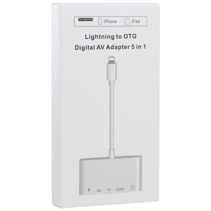 Adaptador AV digital OTG 5 en 1 de 8 pines macho a USB + HDMI + ranura para tarjeta TF/SD + alimentación de 8 pines hembra, ranura para tarjeta TF/SD