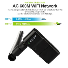 EDUP EP-AC1635 600Mbps Dual Band Wireless 11AC USB Ethernet Adapter 2dBi Antenna for Laptop / PC, EP-AC1635