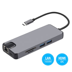 8 in 1 Type-C to HDMI + USB 3.0 + USB 3.0 + Type-C + LAN + VGA + TF/SD Card Reader Adapter