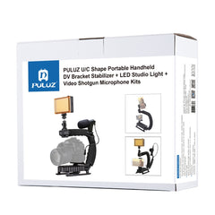 PULUZ U/C Shape Portable Handheld DV Bracket Stabilizer + LED Studio Light + Video Shotgun Microphone Kit with Cold Shoe Tripod Head  for All SLR Cameras and Home DV Camera, Bracket + Mic + LED(AE), Bracket Kits + Mic + LED(US), Bracket Kits + Mic + LED