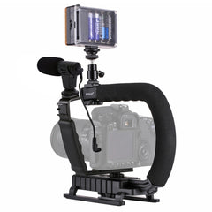 PULUZ U/C Shape Portable Handheld DV Bracket Stabilizer + LED Studio Light + Video Shotgun Microphone Kit with Cold Shoe Tripod Head  for All SLR Cameras and Home DV Camera, Bracket + Mic + LED(AE), Bracket Kits + Mic + LED(US), Bracket Kits + Mic + LED