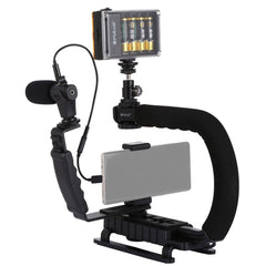 PULUZ U/C Shape Portable Handheld DV Bracket Stabilizer + LED Studio Light + Video Shotgun Microphone Kit with Cold Shoe Tripod Head  for All SLR Cameras and Home DV Camera, Bracket + Mic + LED(AE), Bracket Kits + Mic + LED(US), Bracket Kits + Mic + LED