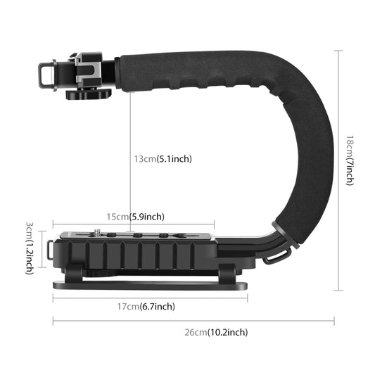 PULUZ U/C Shape Portable Handheld DV Bracket Stabilizer + LED Studio Light + Video Shotgun Microphone Kit with Cold Shoe Tripod Head  for All SLR Cameras and Home DV Camera, Bracket Kits + Mic + LED