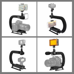 PULUZ U/C Shape Portable Handheld DV Bracket Stabilizer + LED Studio Light + Video Shotgun Microphone Kit with Cold Shoe Tripod Head  for All SLR Cameras and Home DV Camera, Bracket Kits + Mic + LED