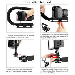 PULUZ U/C Shape Portable Handheld DV Bracket Stabilizer + LED Studio Light + Video Shotgun Microphone Kit with Cold Shoe Tripod Head  for All SLR Cameras and Home DV Camera, Bracket Kits + Mic + LED