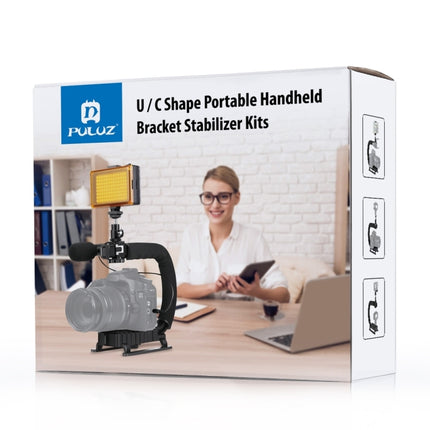 PULUZ U/C-förmiger tragbarer Hand-DV-Halterungsstabilisator + LED-Fülllicht-Set mit Kaltschuh-Stativkopf für alle SLR-Kameras und Heim-DV-Kameras, C-förmige Halterung + Fülllicht