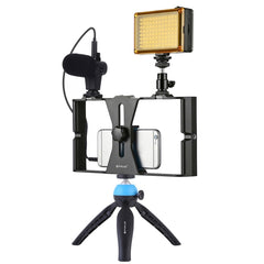 PULUZ 4 in 1 Vlogging Live Broadcast LED Selfie Light Smartphone Video Rig Kits with Microphone + Tripod Mount + Cold Shoe Tripod Head for iPhone, Galaxy, Huawei, Xiaomi, HTC, LG, Google, and Other Smartphones, 4-in-1(Blue), 4 in 1, 4-in-1(US)