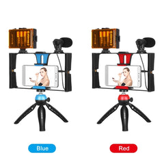 PULUZ 4 in 1 Vlogging Live Broadcast LED Selfie Light Smartphone Video Rig Kits with Microphone + Tripod Mount + Cold Shoe Tripod Head for iPhone, Galaxy, Huawei, Xiaomi, HTC, LG, Google, and Other Smartphones, 4-in-1(Blue), 4 in 1, 4-in-1(US)