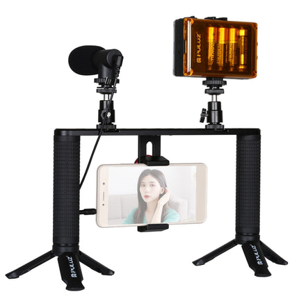 PULUZ 4-in-1-Vlogging-Liveübertragung, LED-Selfie-Licht, Smartphone-Video-Rig, Griffstabilisator, Aluminium-Halterungs-Kits mit Mikrofon + Stativmontage + Cold Shoe-Stativkopf, Aluminium-Halterungs-Kits