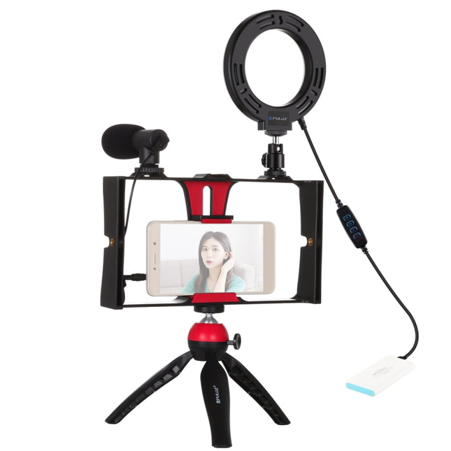 PULUZ 4 in 1 Vlogging Live Broadcast Smartphone Video Rig + 4.7 inch 12cm Ring LED Selfie Light Kits with Microphone + Tripod Mount + Cold Shoe Tripod Head for iPhone, Galaxy, Huawei, Xiaomi, HTC, LG, Google, and Other Smartphones, 4 in 1 Ring LED