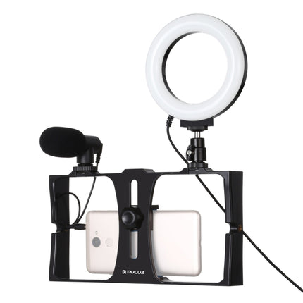 PULUZ 3-in-1-Vlogging-Liveübertragung, Smartphone-Video-Rig + Mikrofon + 4,7 Zoll (12 cm) Ring-LED-Selfie-Licht-Kits mit Cold Shoe-Stativkopf für iPhone, Galaxy, Huawei, Xiaomi, HTC, LG, Google und andere Smartphones, 3-in-1-Ring-LED