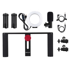 PULUZ 4 in 1 Vlogging Live Broadcast 4.7 inch 12cm Ring LED Selfie Light Smartphone Video Rig Handle Stabilizer Aluminum Bracket Kits with Microphone + Tripod Mount + Cold Shoe Tripod Head, Ring LED Aluminum Bracket Kits