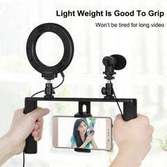 PULUZ 4 in 1 Vlogging Live Broadcast 4.7 inch 12cm Ring LED Selfie Light Smartphone Video Rig Handle Stabilizer Aluminum Bracket Kits with Microphone + Tripod Mount + Cold Shoe Tripod Head, Ring LED Aluminum Bracket Kits