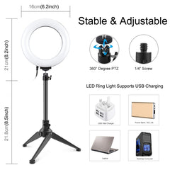 PULUZ 6.2 inch 16cm USB 3 Modes Dimmable LED Ring Vlogging Photography Video Lights + Desktop Tripod Holder with Cold Shoe Tripod Ball Head, Tripod Mount+6.2 inch Light