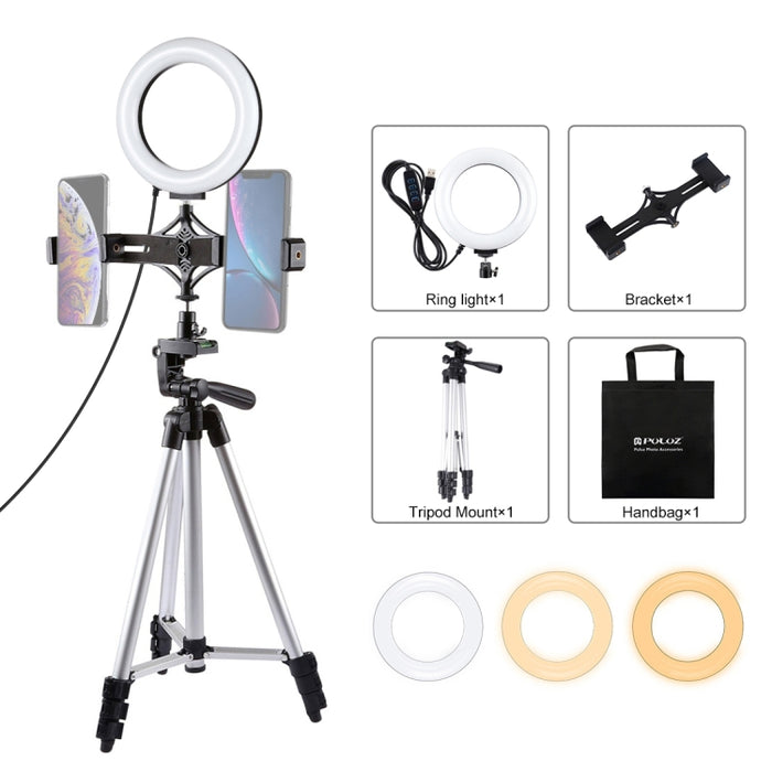 PULUZ Stativhalterung + Live-Übertragung Dual-Telefonhalterung + 6,2 Zoll 16 cm LED-Ring Vlogging-Videolicht-Kits, 3 in 1