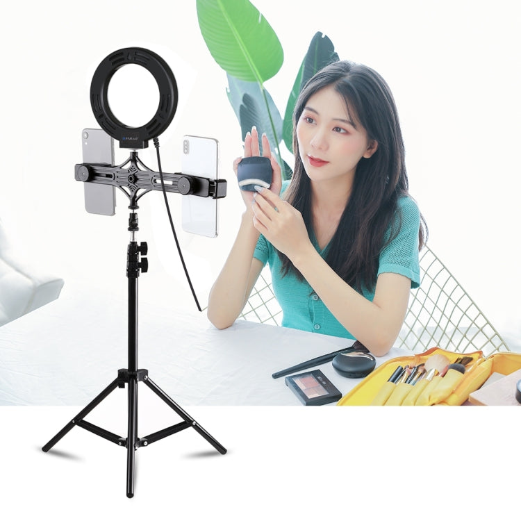 PULUZ 1.1m Tripod Mount + Live Broadcast Dual Phone Bracket + 6.2 inch 16cm LED Ring Vlogging Video Light Kits, 3 in 1 Live Broadcast Kits