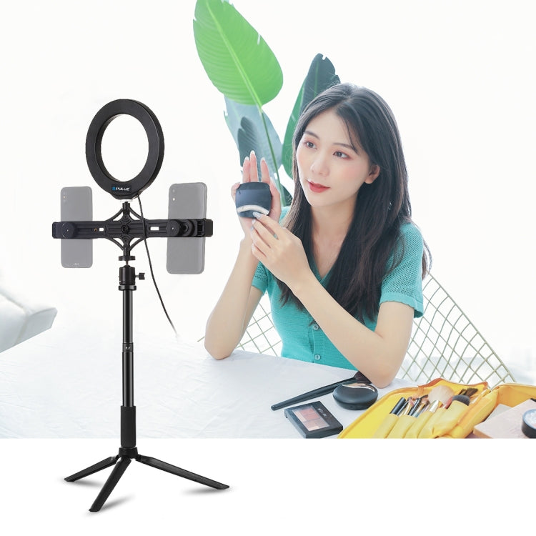 PULUZ Tripod Mount +  Extension Rod + Live Broadcast Dual Phone Bracket + 6.2 inch 16cm LED Ring Vlogging Video Light Kits, 4 in 1 Live Broadcast Kits