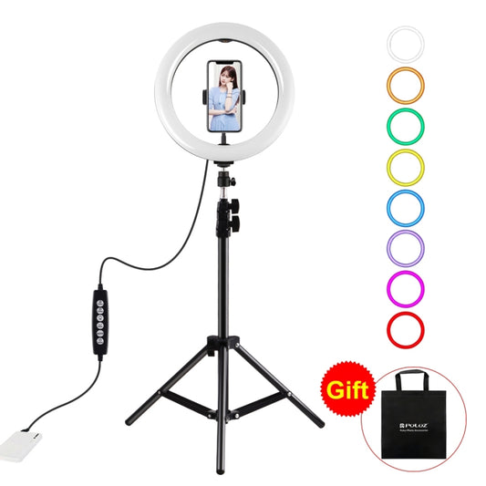 Kit de luz LED para video en vivo PULUZ de 1,1 m con trípode y anillo RGBW de 26 cm y 10,2 pulgadas para transmisión en vivo con rótula de trípode con zapata fría y abrazadera para teléfono, soporte para trípode de 1,1 m + luz RGBW