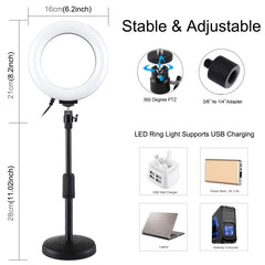 PULUZ 6.2 inch 16cm USB 10 Modes 8 Colors RGBW Dimmable LED Ring Vlogging Photography Video Lights + Round Base Desktop Mount with Cold Shoe Tripod Ball Head, 6.2 inch RGBW+Desktop Mount