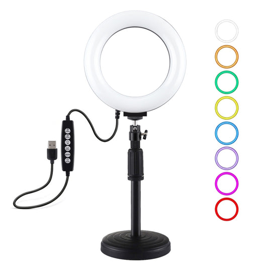 PULUZ 6.2 inch 16cm USB 10 Modes 8 Colors RGBW Dimmable LED Ring Vlogging Photography Video Lights + Round Base Desktop Mount with Cold Shoe Tripod Ball Head, 6.2 inch RGBW+Desktop Mount