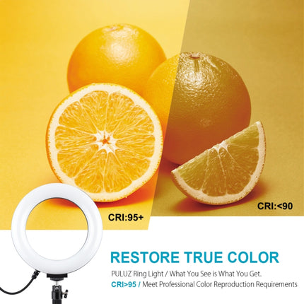 PULUZ 6.2 pulgadas 16 cm USB 10 modos 8 colores RGBW regulable LED anillo vlogueo fotografía video luces + base redonda montaje de escritorio con zapata fría trípode cabeza de bola, 6.2 pulgadas RGBW + montaje de escritorio