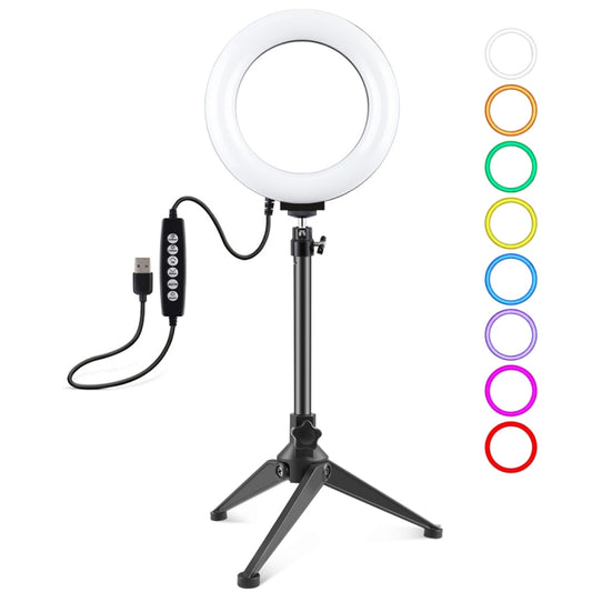 PULUZ 6.2 inch 16cm USB 10 Modes 8 Colors RGBW Dimmable LED Ring Vlogging Photography Video Lights + Desktop Tripod Mount with Cold Shoe Tripod Ball Head, 6.2 inch RGBW+Tripod Mount