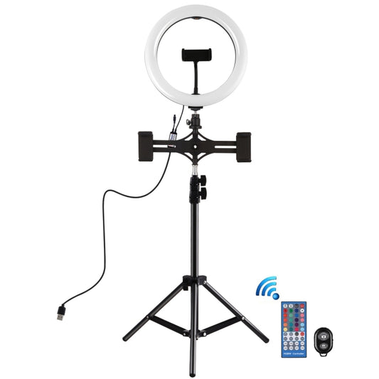 PULUZ 10.2 inch 26cm Curved Surface RGBW LED Ring Light + 1.1m Tripod Mount + Dual Phone Brackets Horizontal Holder + Vlogging Video Light  Live Broadcast Kits with Remote Control & Phone Clamp