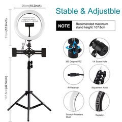 PULUZ 10.2 inch 26cm Curved Surface RGBW LED Ring Light + 1.1m Tripod Mount + Dual Phone Brackets Horizontal Holder + Vlogging Video Light  Live Broadcast Kits with Remote Control & Phone Clamp