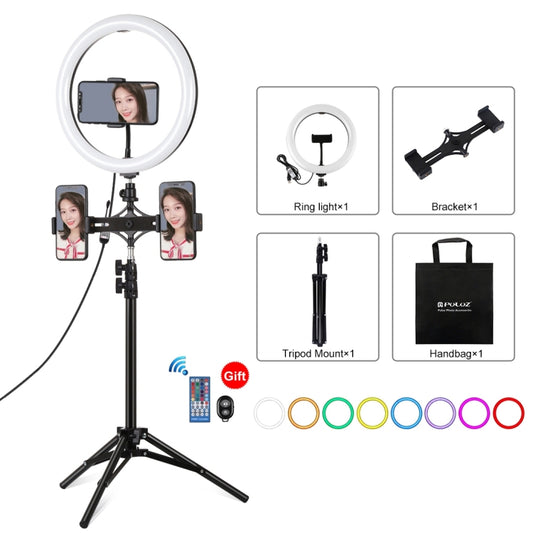 PULUZ 10.2 inch 26cm Curved Surface RGBW LED Ring Light + 1.1m Tripod Mount + Dual Phone Brackets Horizontal Holder + Vlogging Video Light  Live Broadcast Kits with Remote Control & Phone Clamp