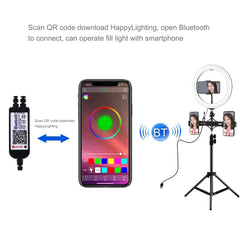 PULUZ 10.2 inch 26cm Curved Surface RGBW LED Ring Light + 1.1m Tripod Mount + Dual Phone Brackets Horizontal Holder + Vlogging Video Light  Live Broadcast Kits with Remote Control & Phone Clamp