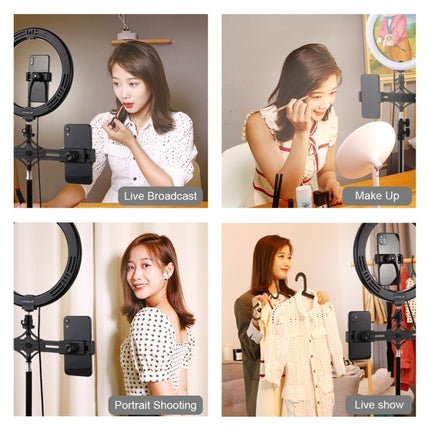 Soporte horizontal para dos teléfonos PULUZ + soporte para trípode de 1,1 m + anillo de luz LED de 10,2 pulgadas y 26 cm para video blogging y transmisión en vivo