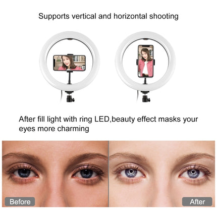 Soporte horizontal para dos teléfonos PULUZ + soporte para trípode de 1,1 m + anillo de luz LED de 10,2 pulgadas y 26 cm para video blogging y transmisión en vivo