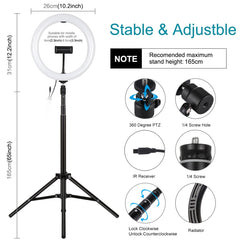 PULUZ 10.2 inch 26cm RGBW Light + 1.65m Tripod Mount Curved Surface USB RGBW Dimmable LED Ring Vlogging Video Light Live Broadcast Kits with Cold Shoe Tripod Ball Head & Phone Clamp & Remote Control, 10.2 inch RGBW+1.65m Tripod