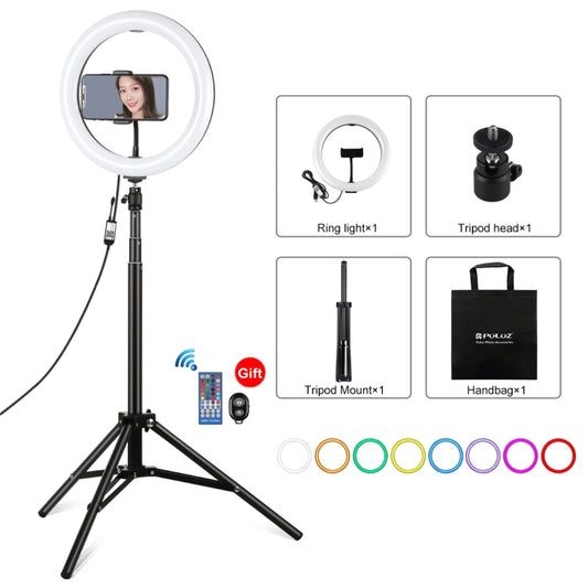 PULUZ 10.2 inch 26cm RGBW Light + 1.65m Tripod Mount Curved Surface USB RGBW Dimmable LED Ring Vlogging Video Light Live Broadcast Kits with Cold Shoe Tripod Ball Head & Phone Clamp & Remote Control, 10.2 inch RGBW+1.65m Tripod