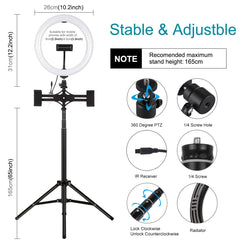 PULUZ 10.2 inch 26cm RGBW Light + 1.65m Tripod Mount + Dual Phone Bracket Curved Surface USB RGBW Dimmable LED Ring Selfie Beauty Vlogging Video Light Live Broadcast Kits with Cold Shoe Tripod Ball Head & Phone Clamp & Remote Control