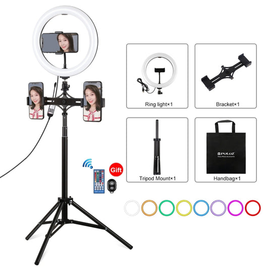 PULUZ 10.2 inch 26cm RGBW Light + 1.65m Tripod Mount + Dual Phone Bracket Curved Surface USB RGBW Dimmable LED Ring Selfie Beauty Vlogging Video Light Live Broadcast Kits with Cold Shoe Tripod Ball Head & Phone Clamp & Remote Control