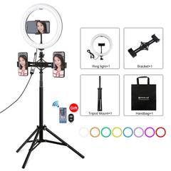 PULUZ 10.2 inch 26cm RGBW Light + 1.65m Tripod Mount + Dual Phone Bracket Curved Surface USB RGBW Dimmable LED Ring Selfie Beauty Vlogging Video Light Live Broadcast Kits with Cold Shoe Tripod Ball Head & Phone Clamp & Remote Control