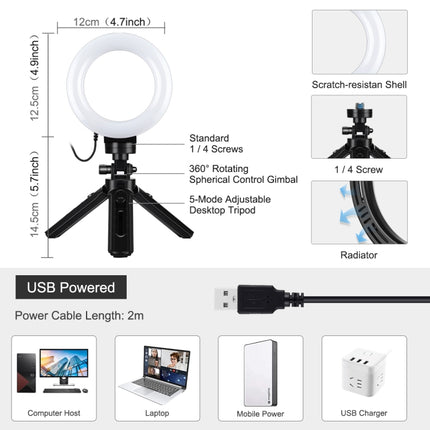 PULUZ 4.7 pulgadas 12 cm USB 3 modos regulables LED anillo vlogging fotografía video luces + kit de montaje de trípode de bolsillo con zapata fría trípode cabeza de bola, 4.7 pulgadas luz + trípode de bolsillo