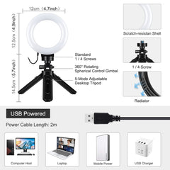 PULUZ 4.7 inch 12cm USB 3 Modes Dimmable LED Ring Vlogging Photography Video Lights + Pocket Tripod Mount Kit with Cold Shoe Tripod Ball Head, 4.7 inch Light+Pocket Tripod