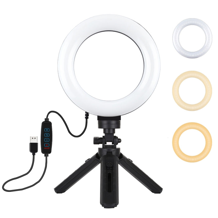 PULUZ 6,2 Zoll 16 cm USB 3 Modi Dimmbare LED-Ring Vlogging Fotografie Videoleuchten + Taschenstativ-Montagesatz mit Cold Shoe Stativ-Kugelkopf, 6,2 Zoll Licht + Taschenstativ
