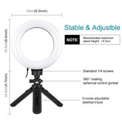 PULUZ 6.2 inch 16cm USB 3 Modes Dimmable LED Ring Vlogging Photography Video Lights + Pocket Tripod Mount Kit with Cold Shoe Tripod Ball Head, 6.2 inch Light+Pocket Tripod