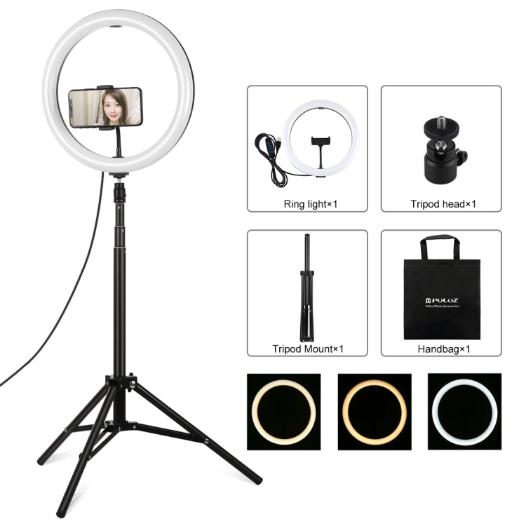 PULUZ 11.8 inch 30cm Light + 1.65m Tripod Mount Curved Surface USB 3 Modes Dimmable Dual Color Temperature LED Ring Vlogging Video Light Live Broadcast Kits with Phone Clamp, 11.8 inch+1.65m Tripod