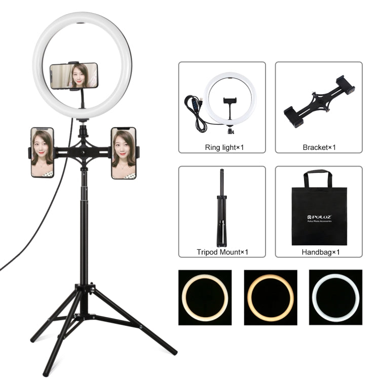 PULUZ 11.8 inch 30cm Light + 1.65m Tripod + Dual Phone Bracket Curved Surface USB 3 Modes Dimmable Dual Color Temperature LED Ring Vlogging Video Light  Live Broadcast Kits with Phone Clamp, 11.8 inch+1.65m Tripod+Dual Bracket