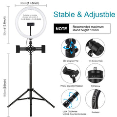 PULUZ 11.8 inch 30cm Light + 1.65m Tripod + Dual Phone Bracket Curved Surface USB 3 Modes Dimmable Dual Color Temperature LED Ring Vlogging Video Light  Live Broadcast Kits with Phone Clamp, 11.8 inch+1.65m Tripod+Dual Bracket